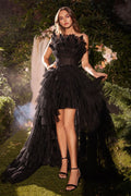 HIGH LOW RUFFLED TULLE GOWN WITH FEATHER DETAILS CDA1240