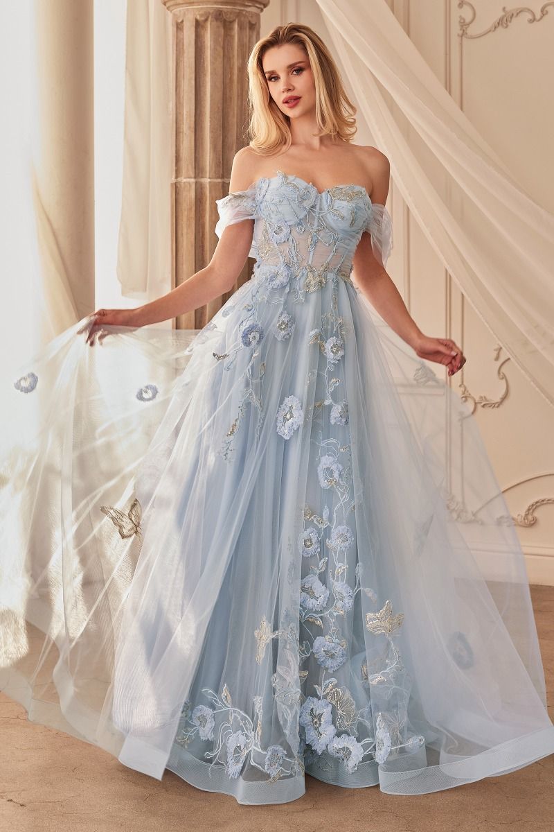 OFF THE SHOULDER FLORAL APPLIQUE BALL GOWN CDA1246