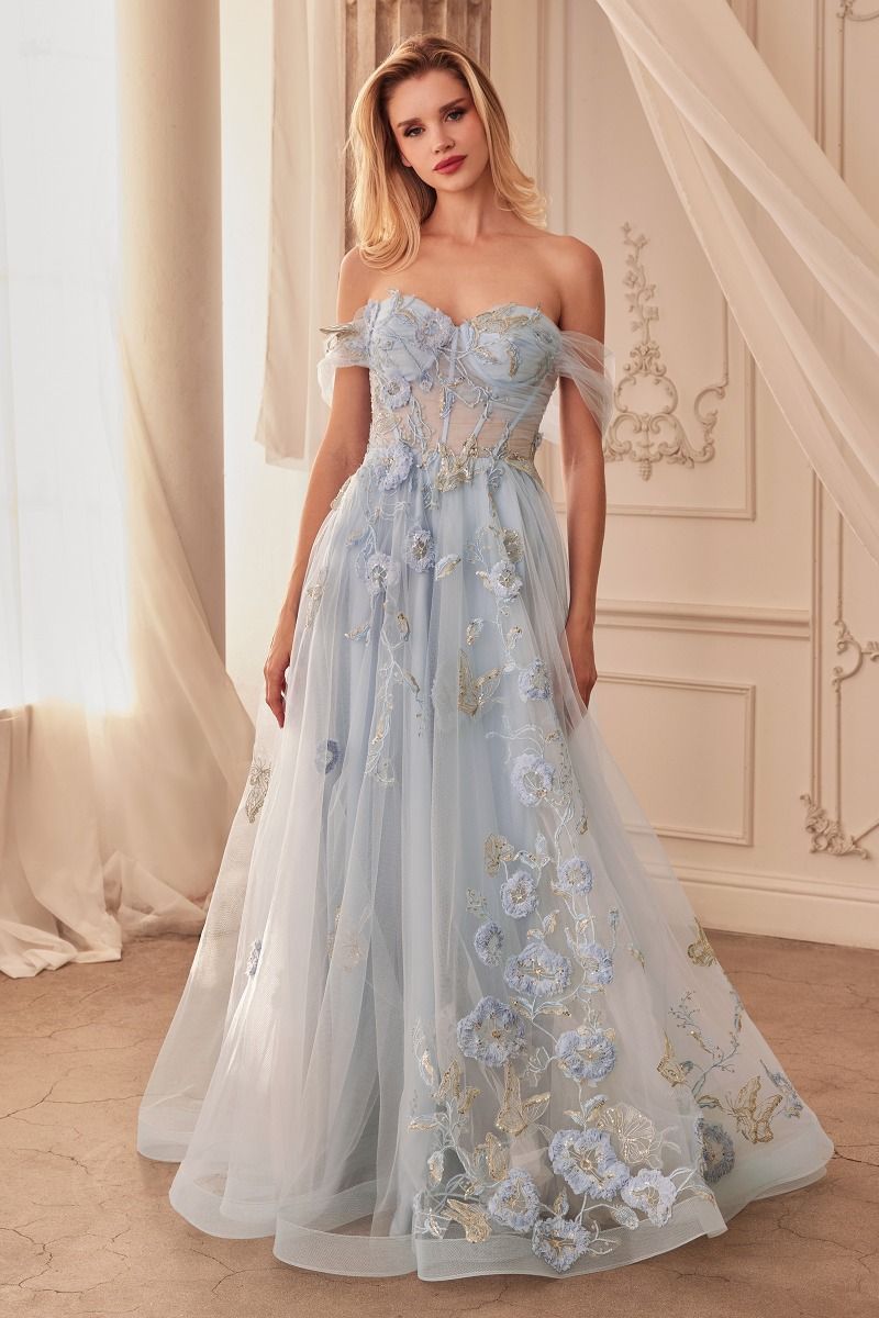 OFF THE SHOULDER FLORAL APPLIQUE BALL GOWN CDA1246