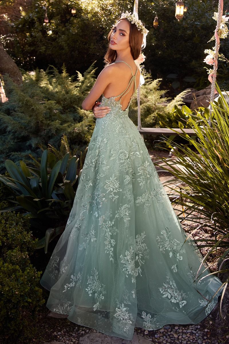 Sky Blue & Sage Green Embroidered Tulle Ball Gown | Floral A-Line Dress with Spaghetti Straps  CDA1248