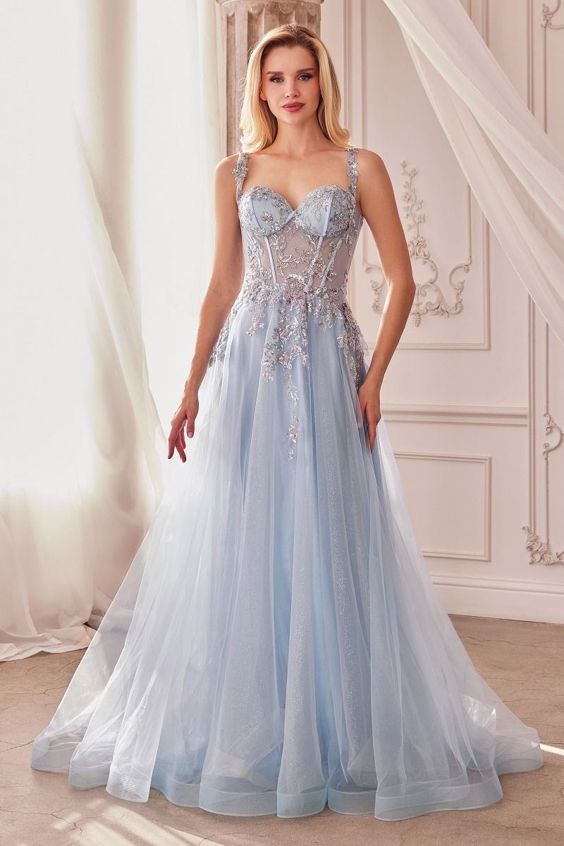 Sky Blue, Dusty Aqua | Floral Appliqué A-Line Gown with Sheer Corset Bodice & Tulle Skirt  CDA1258