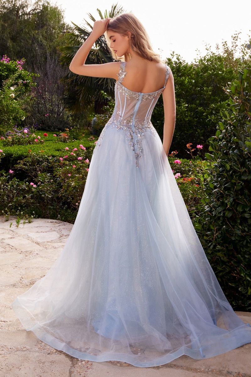 Sky Blue, Dusty Aqua | Floral Appliqué A-Line Gown with Sheer Corset Bodice & Tulle Skirt  CDA1258