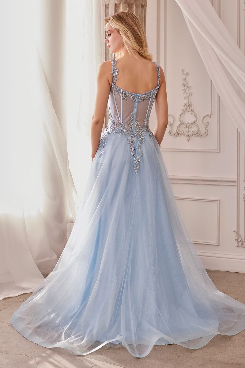 Sky Blue, Dusty Aqua | Floral Appliqué A-Line Gown with Sheer Corset Bodice & Tulle Skirt  CDA1258