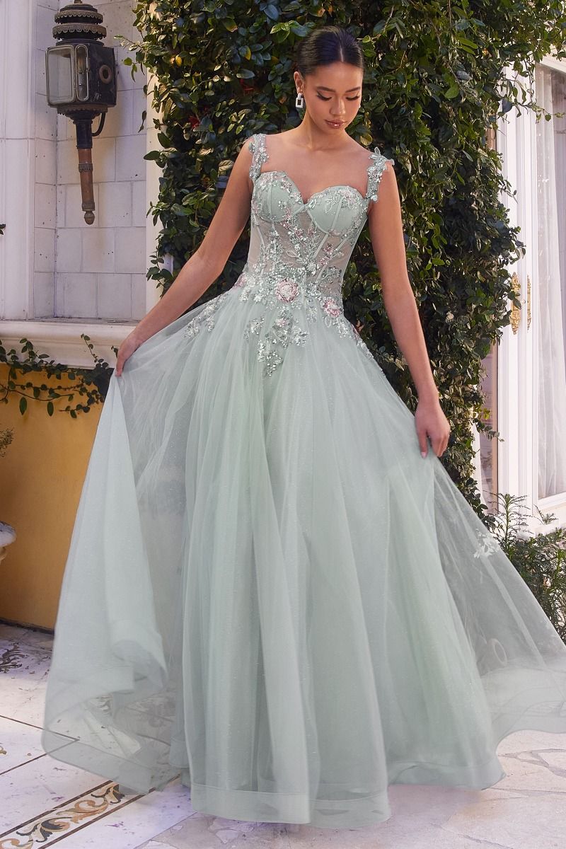 Sky Blue, Dusty Aqua | Floral Appliqué A-Line Gown with Sheer Corset Bodice & Tulle Skirt  CDA1258