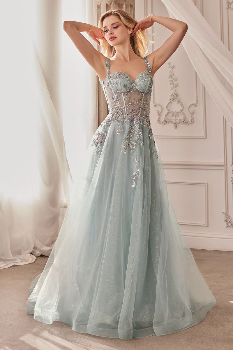 Sky Blue, Dusty Aqua | Floral Appliqué A-Line Gown with Sheer Corset Bodice & Tulle Skirt  CDA1258