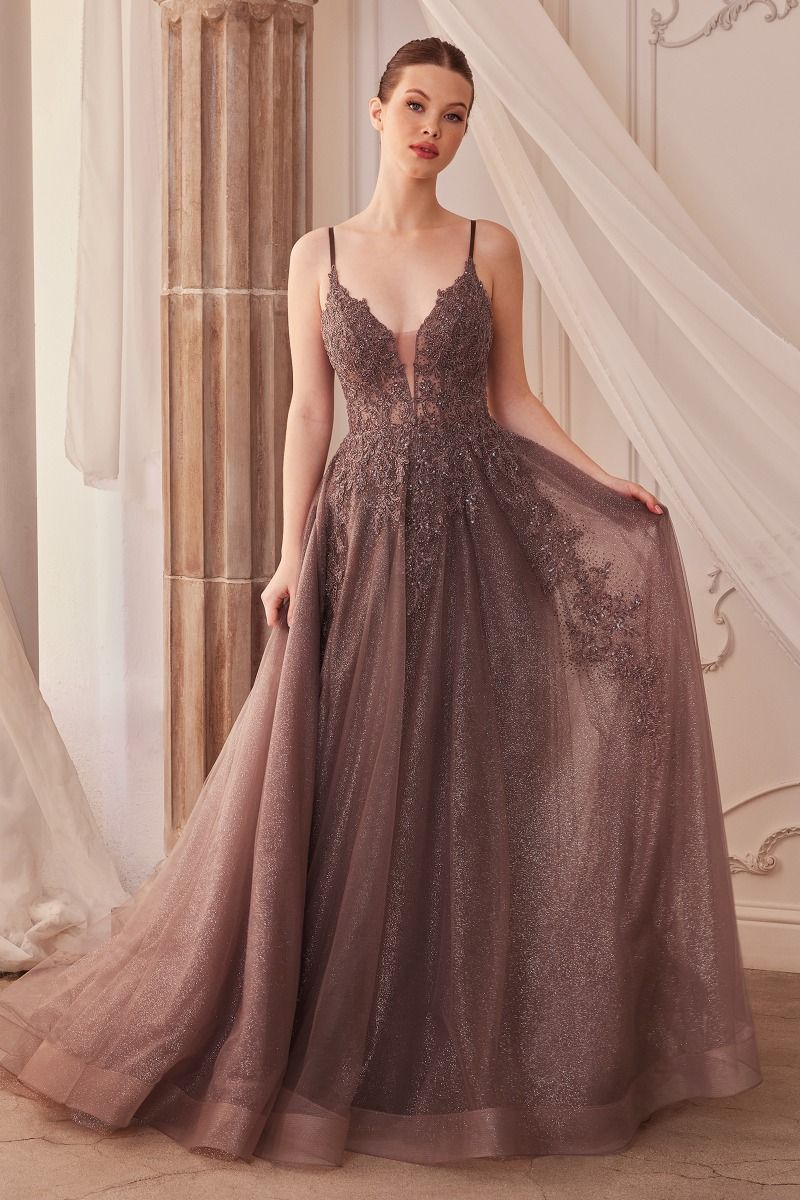 LACE EMBELLISHED A-LINE LAYERED TULLE GOWN CDA1261