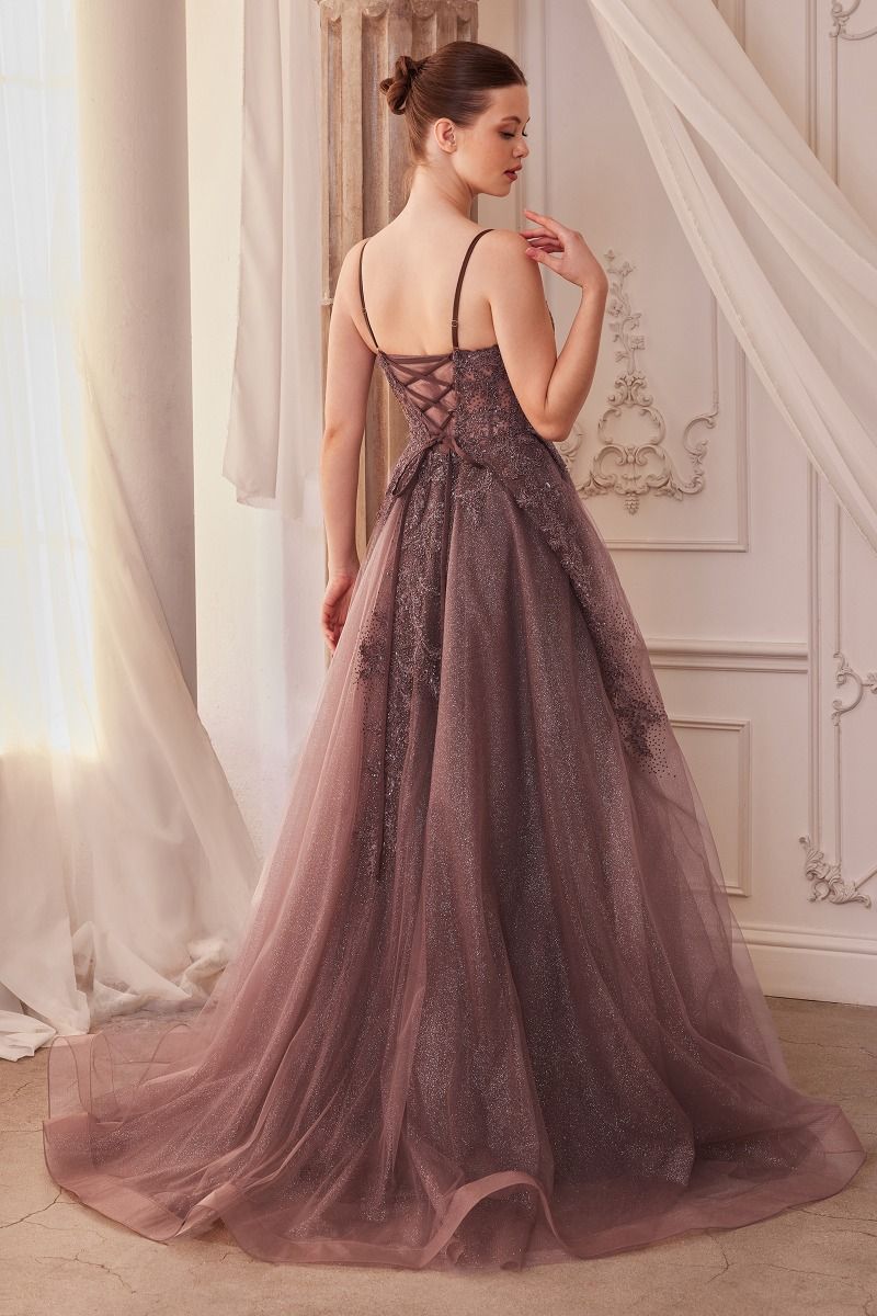LACE EMBELLISHED A-LINE LAYERED TULLE GOWN CDA1261