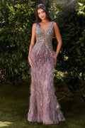 BEADED & FEATHER FITTED GOWN CDA1273