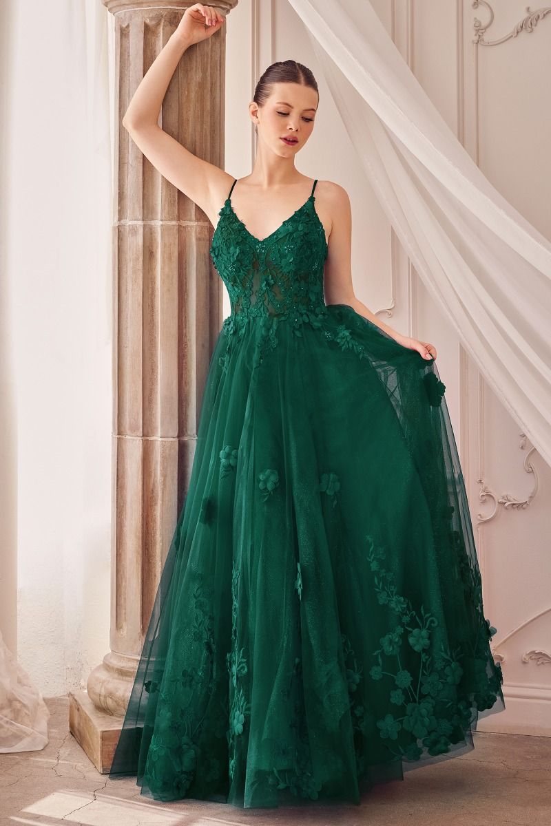 TULLE A-LINE FLORAL APPLIQUED GOWN CDA1326