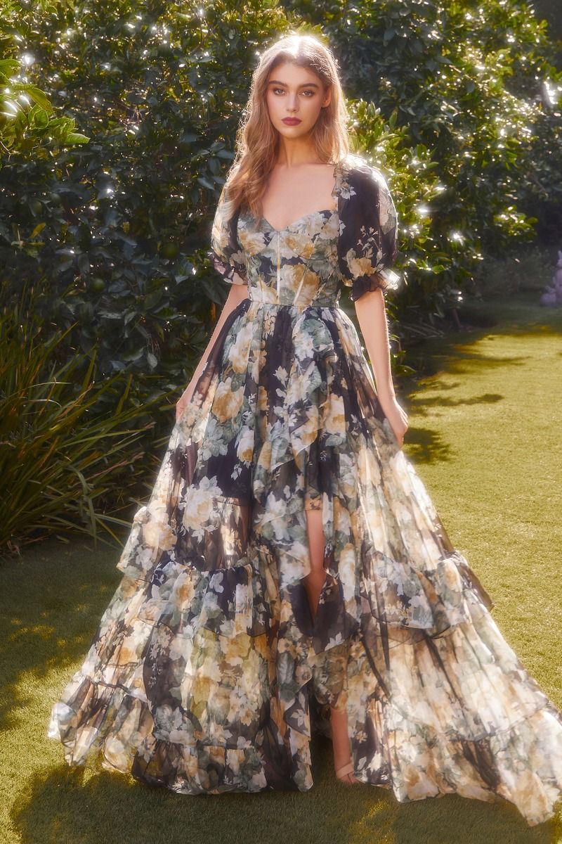 FLORAL PRINTED RUFFLE GOWN CDA1336