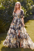 FLORAL PRINTED RUFFLE GOWN CDA1336