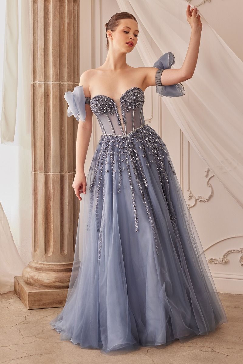 Blush Nude, Dusty Blue | Off-Shoulder Beaded Tulle Gown with 3D Petal Accents & Sweetheart Corset CDA1338