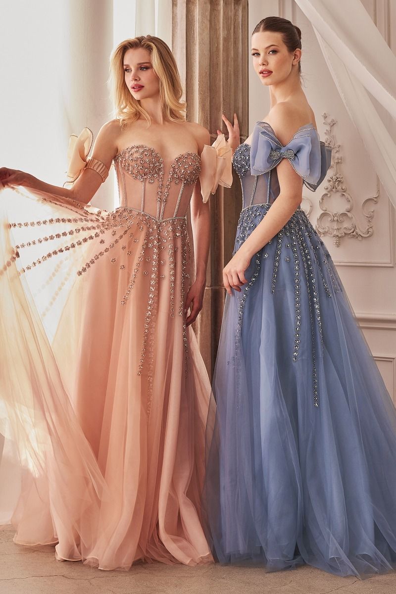 Blush Nude, Dusty Blue | Off-Shoulder Beaded Tulle Gown with 3D Petal Accents & Sweetheart Corset CDA1338