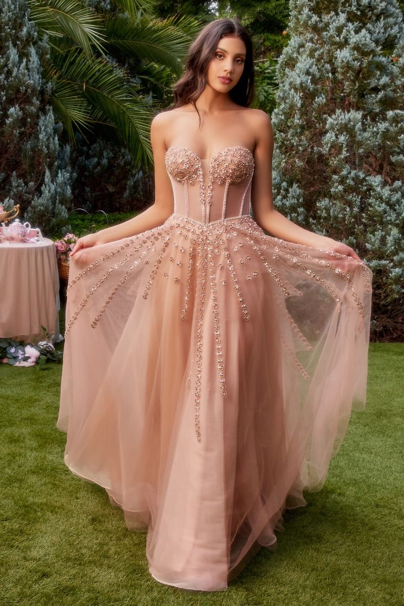 Blush Nude, Dusty Blue | Off-Shoulder Beaded Tulle Gown with 3D Petal Accents & Sweetheart Corset CDA1338