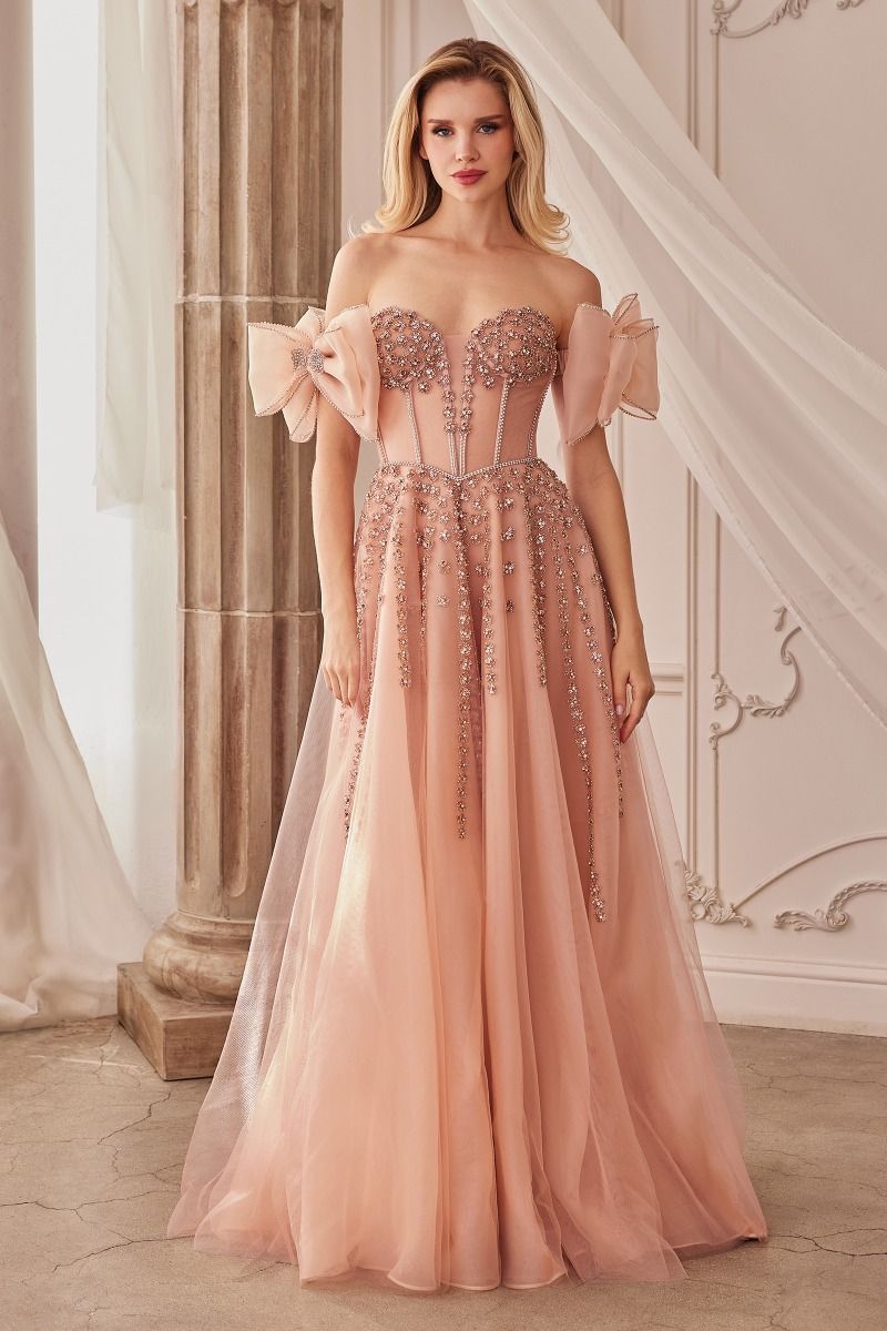 Blush Nude, Dusty Blue | Off-Shoulder Beaded Tulle Gown with 3D Petal Accents & Sweetheart Corset CDA1338