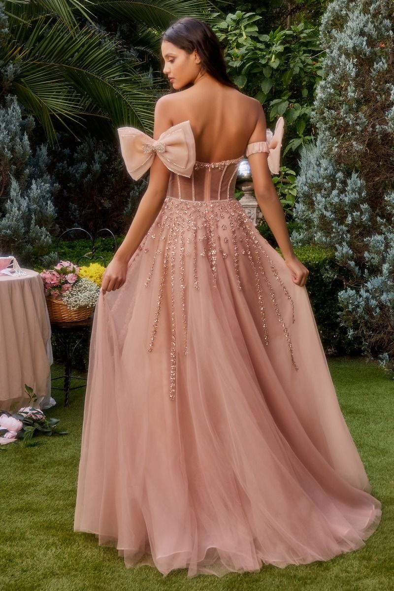 Blush Nude, Dusty Blue | Off-Shoulder Beaded Tulle Gown with 3D Petal Accents & Sweetheart Corset CDA1338
