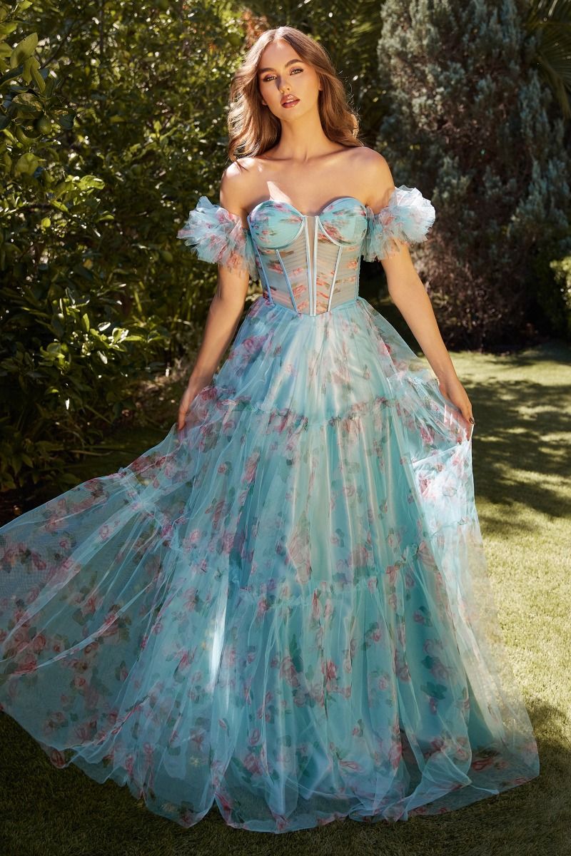 Aqua Blue Floral Corset Gown with Off - Shoulder Sleeves | Romantic Tulle Ball Gown CDA1285 - PrimePick