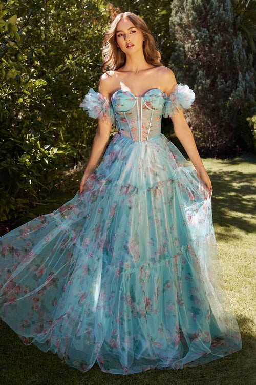 Aqua Blue Floral Corset Gown with Off - Shoulder Sleeves | Romantic Tulle Ball Gown CDA1285 - PrimePick