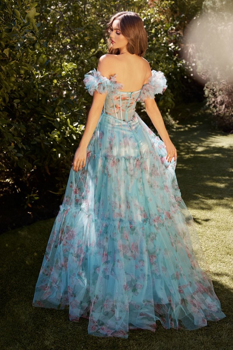 Aqua Blue Floral Corset Gown with Off - Shoulder Sleeves | Romantic Tulle Ball Gown CDA1285 - PrimePick