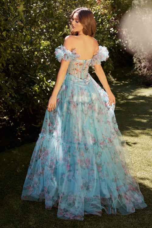Aqua Blue Floral Corset Gown with Off - Shoulder Sleeves | Romantic Tulle Ball Gown CDA1285 - PrimePick