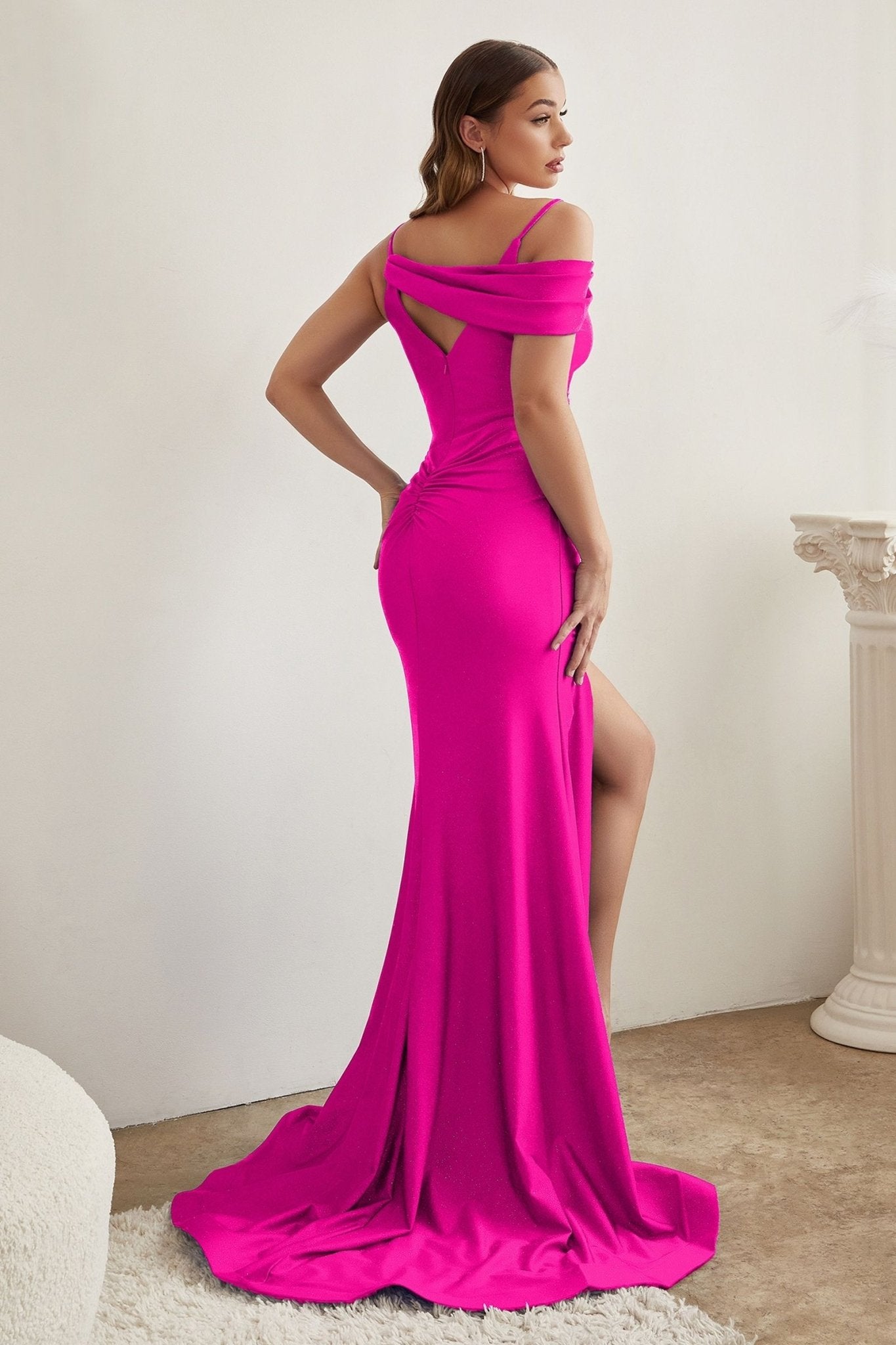 Assymetrical V - neck Glittery Bodice Stretch Satin Long Prom Dress CDCD881 - PrimePick