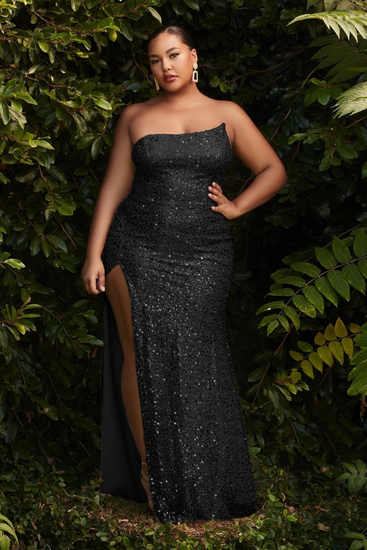 Asymmetrical Embellished Sequin Strapless Curvy Fit Long Prom Dress CDCH165C - PrimePick