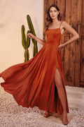 Rust, Black, Royal Blue, Purple | Satin A-Line Dress with Spaghetti Straps and Side Slit  CDB8402