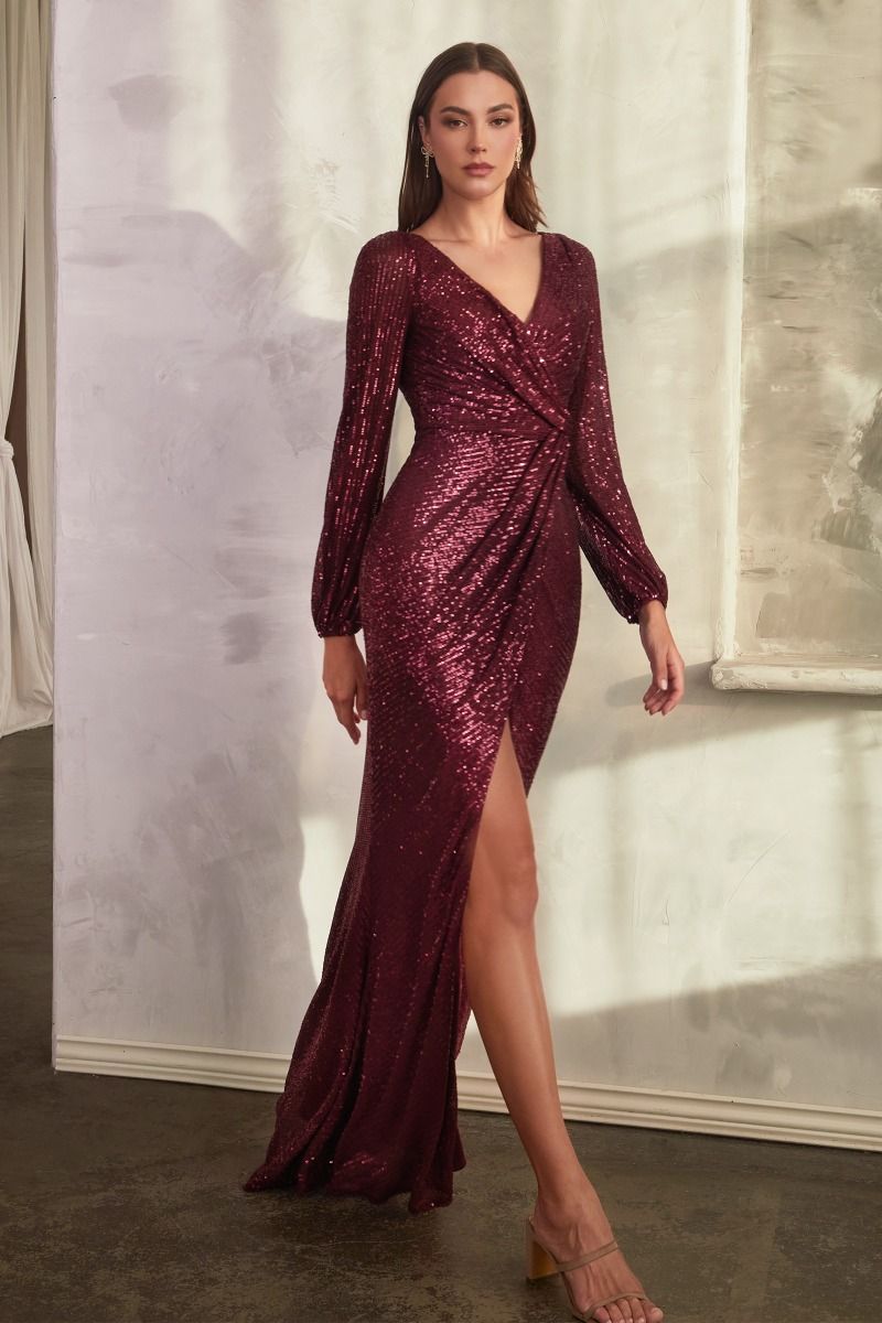 Lilac, Navy Blue, Gold Long Sleeve Sequin Wrap Gown with Slit CDB8422