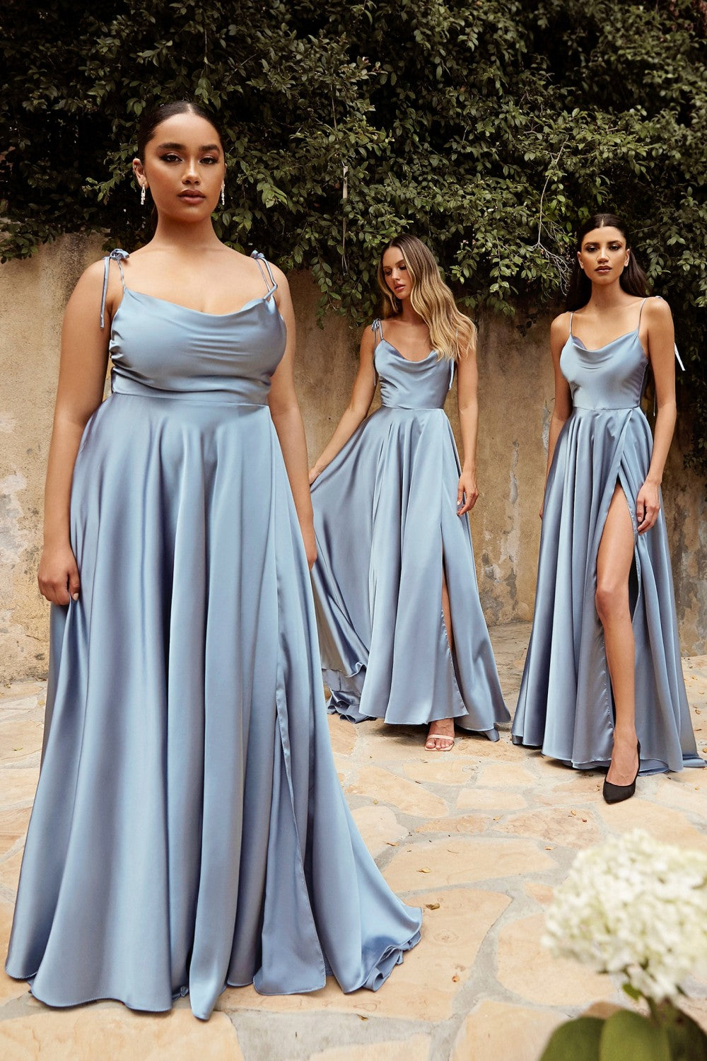 Satin A-Line Cowl Neck Spaghetti Strap Bodice High Leg Slit Long Prom & Bridesmaid Dress CDBD104