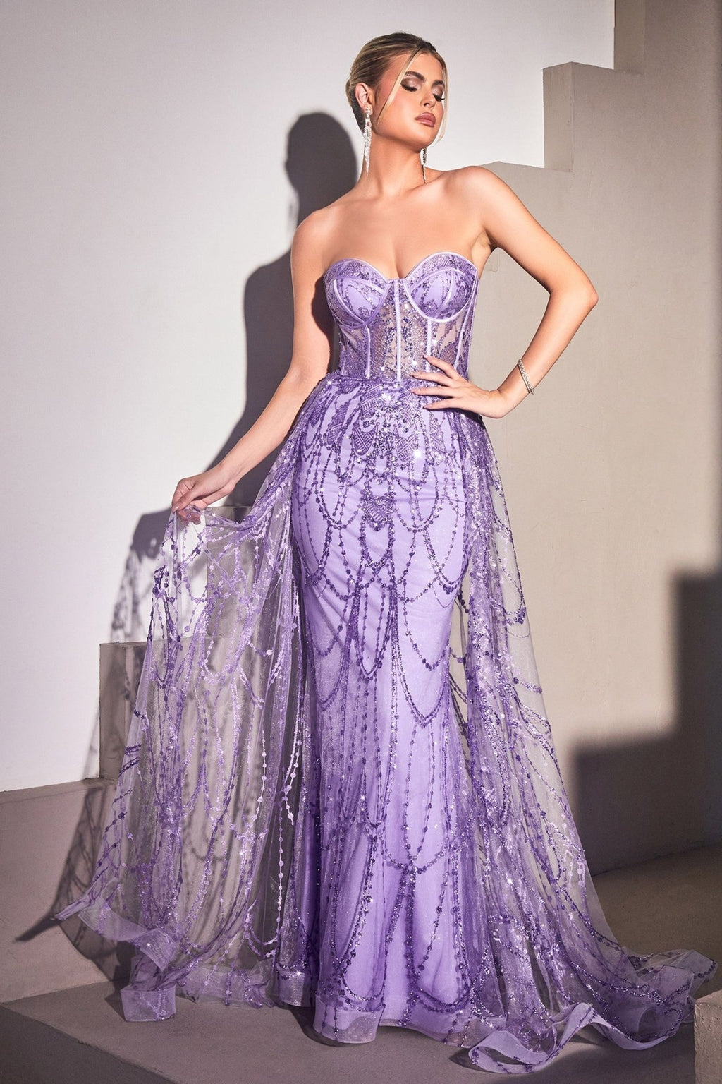 Beaded Corset Mermaid Gown with Detachable Overskirt – Strapless Formal Dress with Glitter Tulle CDCB095 - PrimePick
