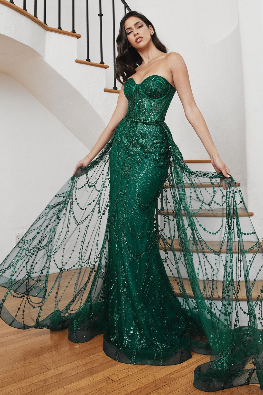 Beaded Corset Mermaid Gown with Detachable Overskirt – Strapless Formal Dress with Glitter Tulle CDCB095 - PrimePick