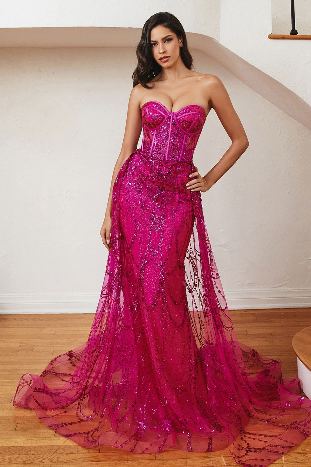 Beaded Corset Mermaid Gown with Detachable Overskirt – Strapless Formal Dress with Glitter Tulle CDCB095 - PrimePick