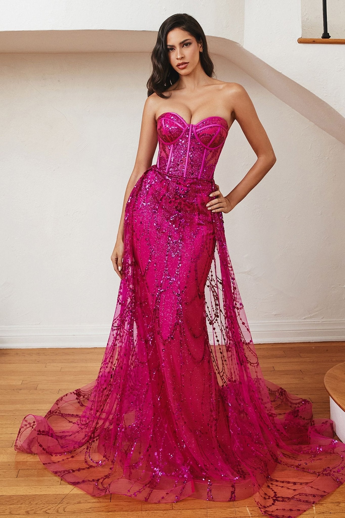 Beaded Corset Mermaid Gown with Detachable Overskirt – Strapless Formal Dress with Glitter Tulle CDCB095 - PrimePick
