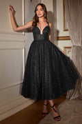 Black, Red, Royal Blue | Glitter Tulle Tea - Length Dress with Deep V - Neck & Spaghetti Straps CDCD996T - PrimePick