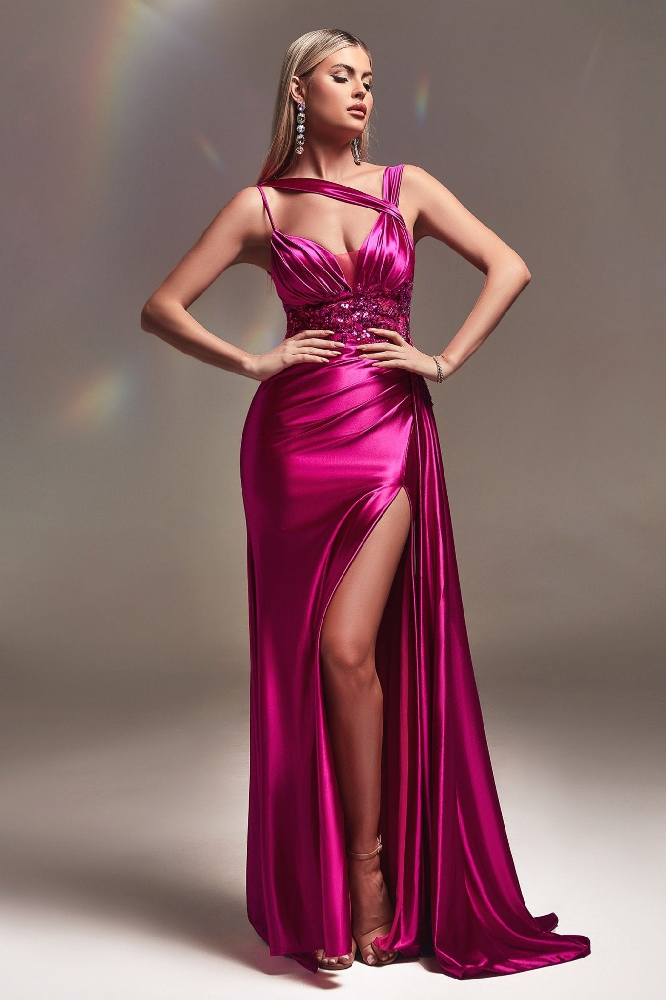 Black,Champagne,Emerald Green Satin Embellished Corset Gown – One - Shoulder Draped High Slit Formal Dress CDCDS415 - PrimePick