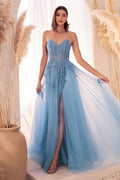 Dusty Teal, Mauve Rose A-Line Glitter Tulle Gown with Floral Appliqué and Slit  CDC148