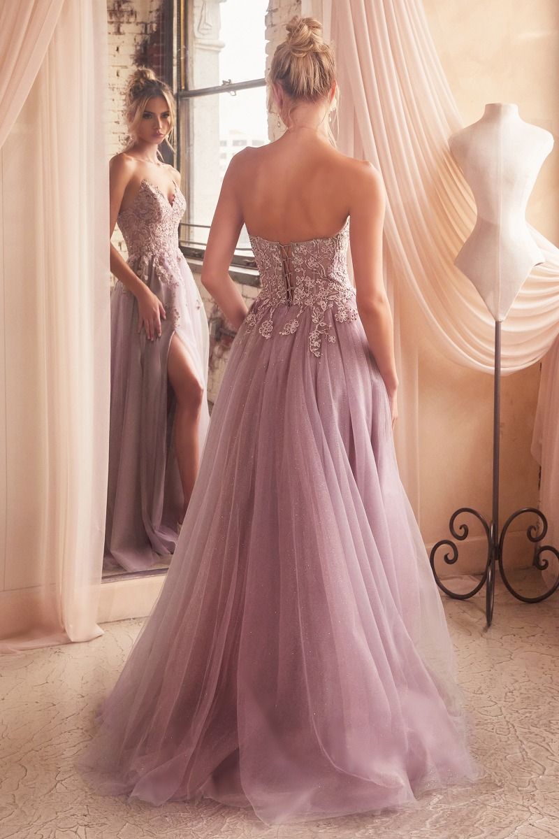 Dusty Teal, Mauve Rose A-Line Glitter Tulle Gown with Floral Appliqué and Slit  CDC148