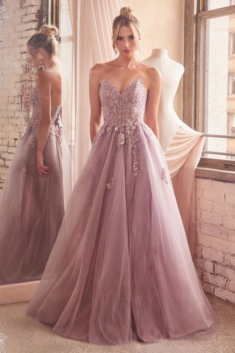 Dusty Teal, Mauve Rose A-Line Glitter Tulle Gown with Floral Appliqué and Slit  CDC148