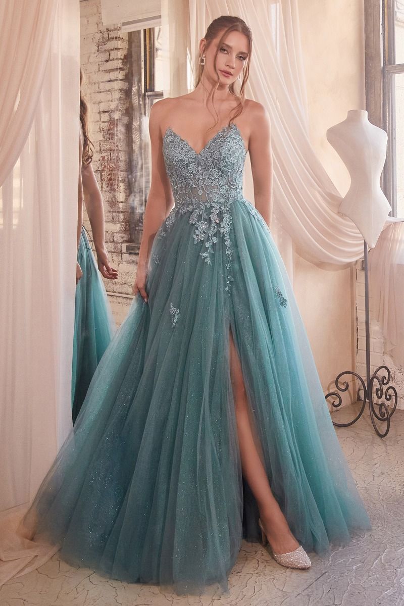 Dusty Teal, Mauve Rose A-Line Glitter Tulle Gown with Floral Appliqué and Slit  CDC148