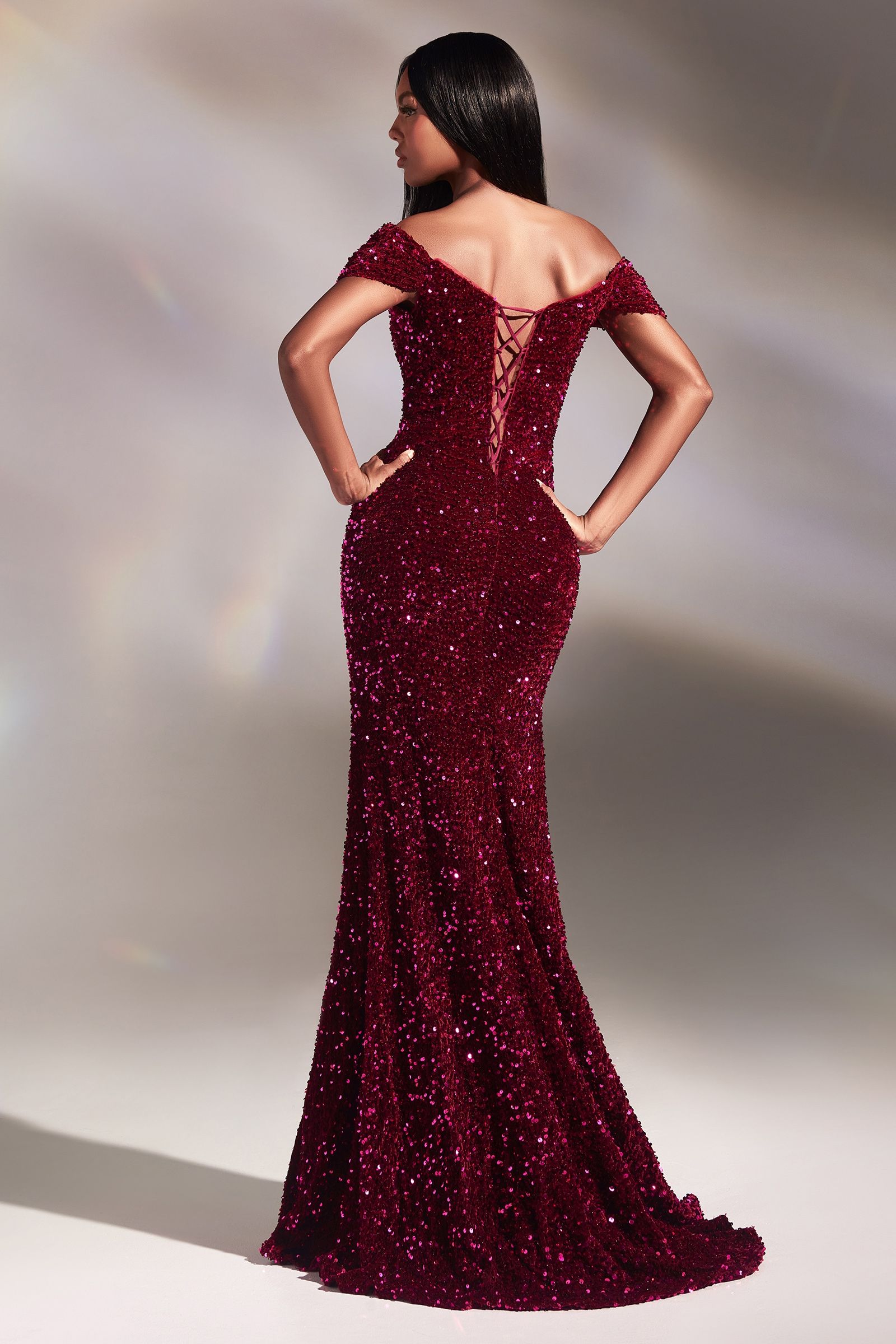 Red | Off-Shoulder Sequin Slit Gown – Sweetheart Neckline Formal Dress  CDCA109