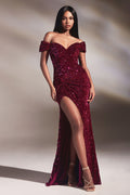 Red | Off-Shoulder Sequin Slit Gown – Sweetheart Neckline Formal Dress  CDCA109