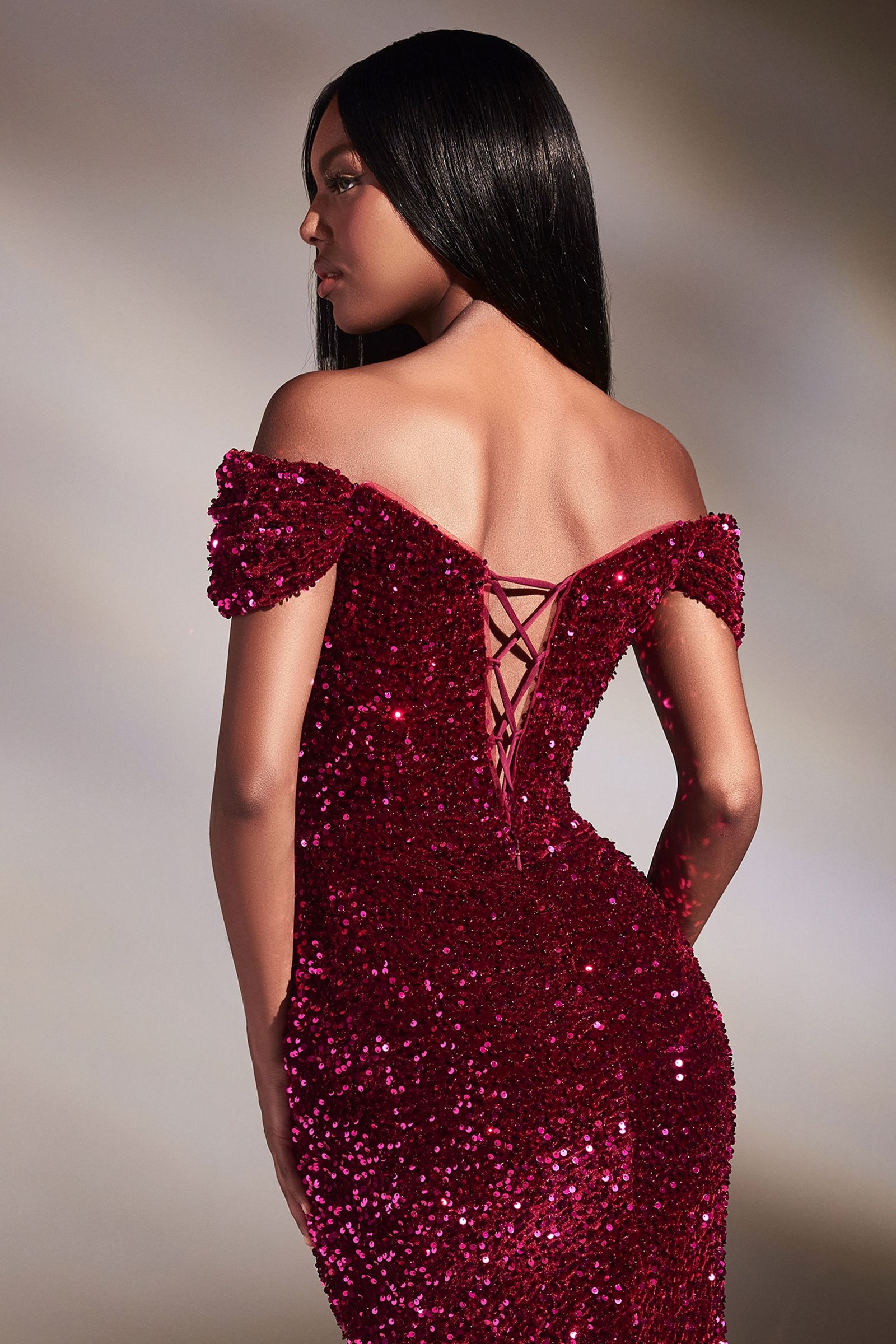 Red | Off-Shoulder Sequin Slit Gown – Sweetheart Neckline Formal Dress  CDCA109