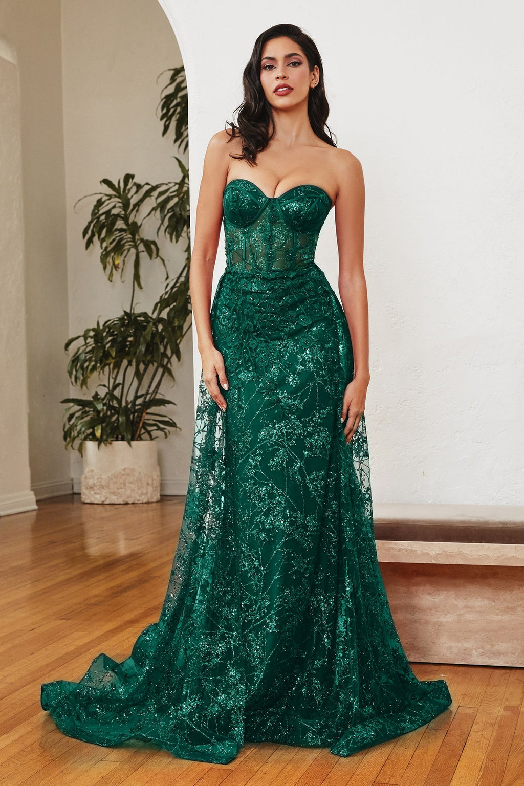 Dusty Blue, Red, Green Strapless Glitter Lace Gown with Detachable Overskirt  CDCB046