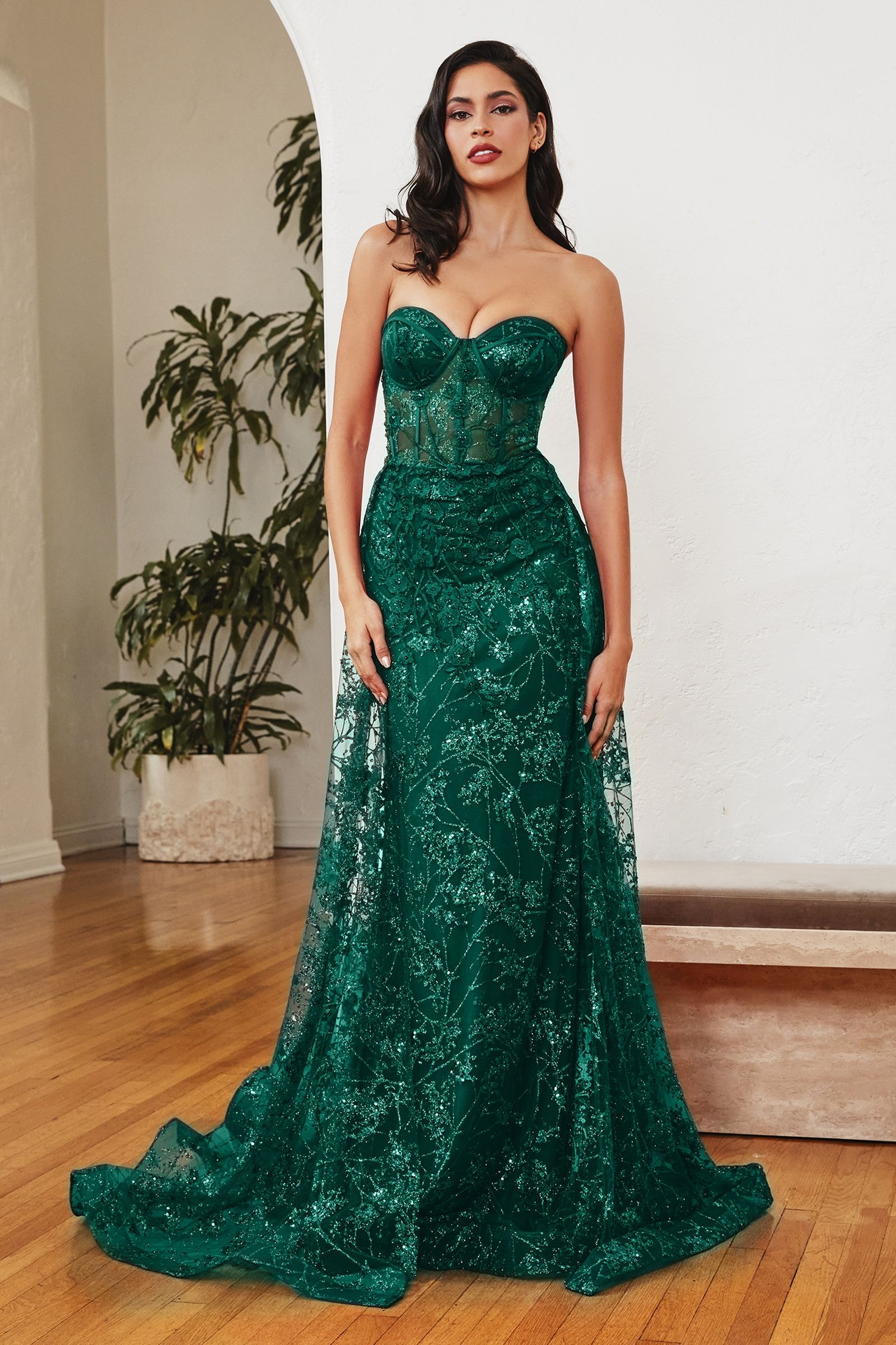 Dusty Blue, Red, Green Strapless Glitter Lace Gown with Detachable Overskirt  CDCB046