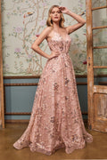 Sequin Floral V-neckline Strap with Open Back Bodice Long Prom & Bridesmaid Dress CDCB073