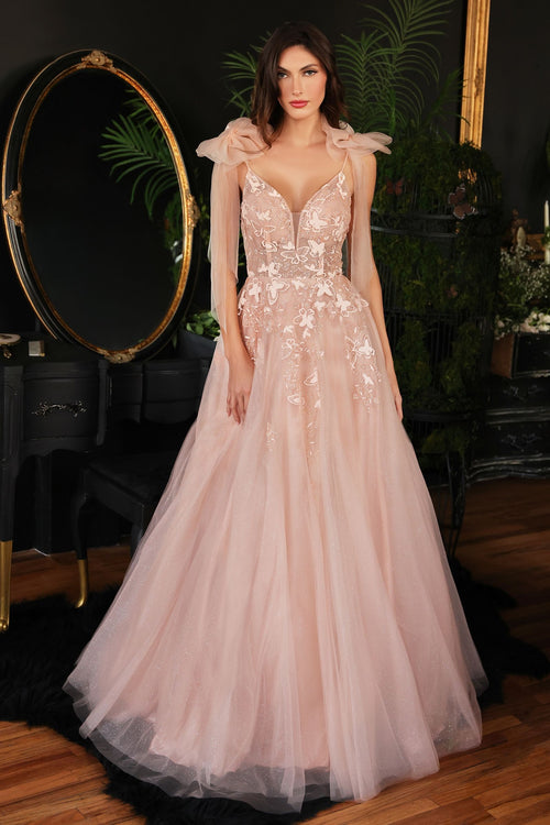 A-Line Tulle Floral Detail Open V-Back Long Prom Dress CDCB097
