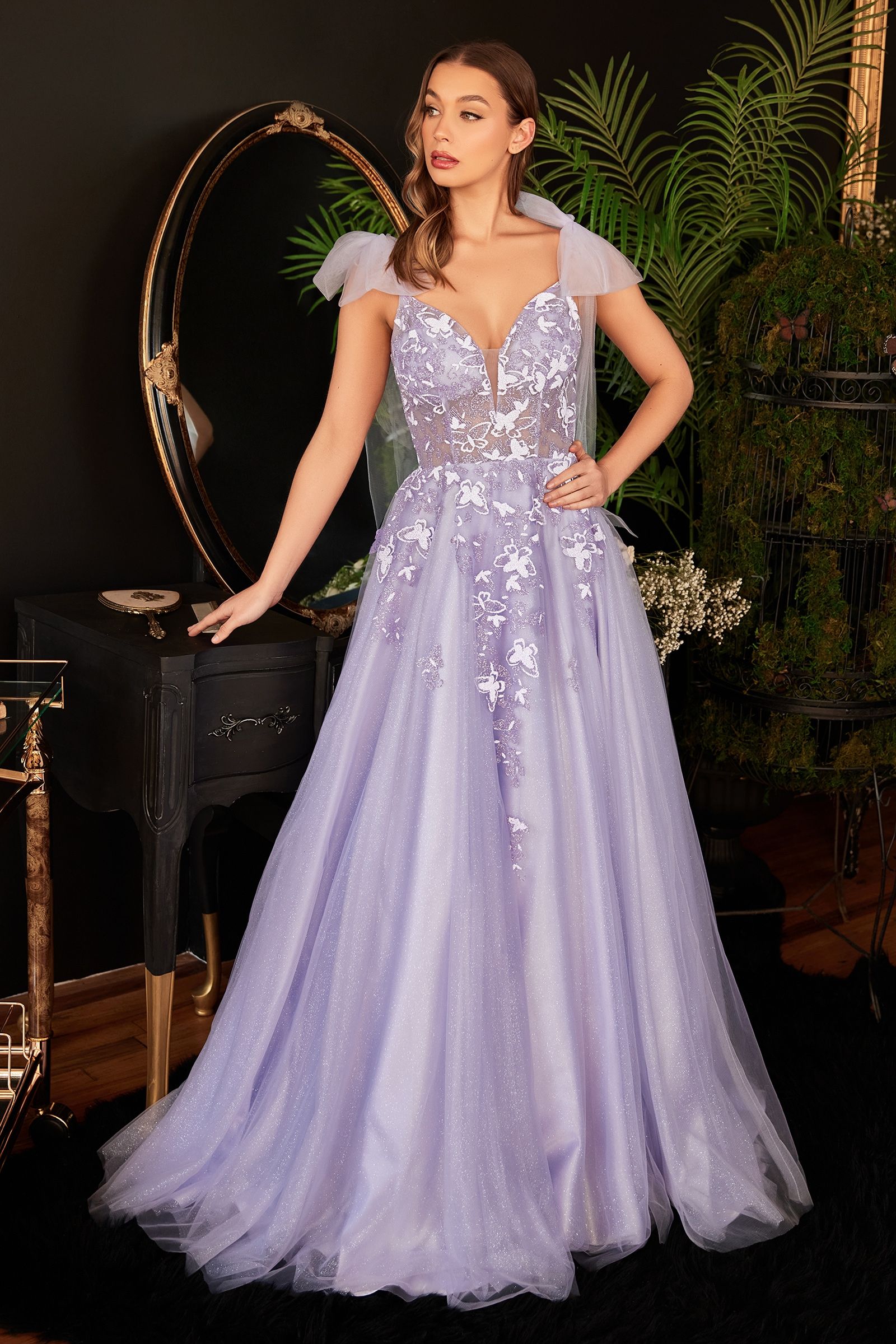 A-Line Tulle Floral Detail Open V-Back Long Prom Dress CDCB097