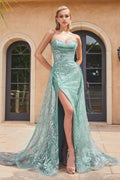 Mint Green & Slate Blue Strapless Gown with Detachable Overskirt | Metallic Pattern High Slit Dress  CDCB129