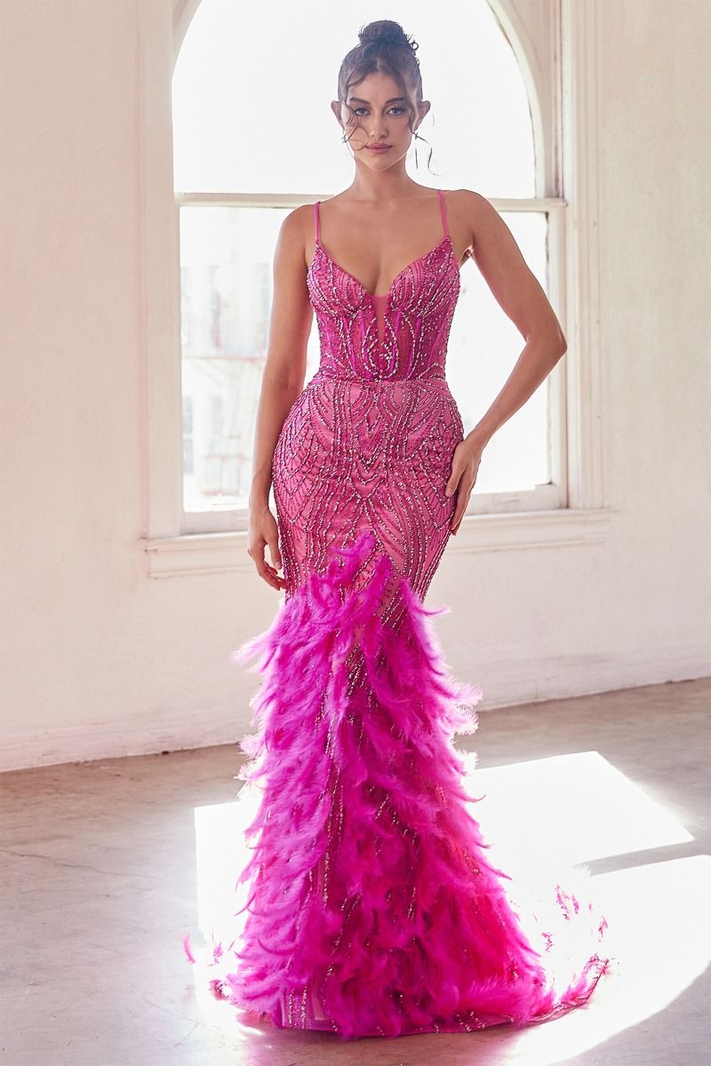 Fully Embellished & Feathered Mermaid Illusion Sweetheart Long Prom Dress CDCC2308