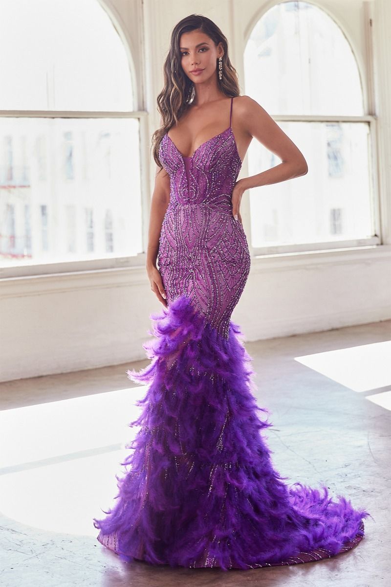 Fully Embellished & Feathered Mermaid Illusion Sweetheart Long Prom Dress CDCC2308